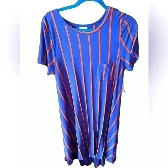 Lularoe medium navy blue & rust vertical stripe Carly. NWT.Yummy soft & stretchy - Picture 1 of 7